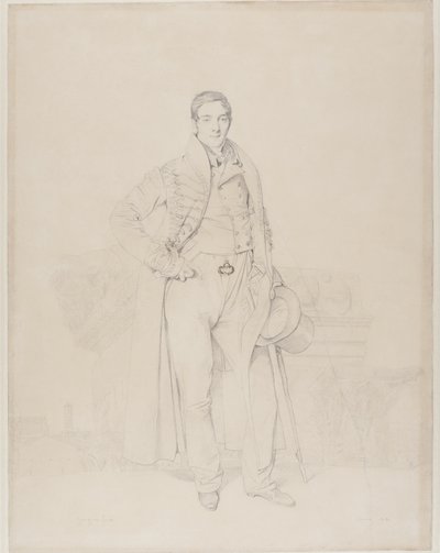 Portrait of the Architect Alexandre Bénard, full length, with fragments of classical capitals, the Roman Forum beyond by Jean Auguste Dominique Ingres